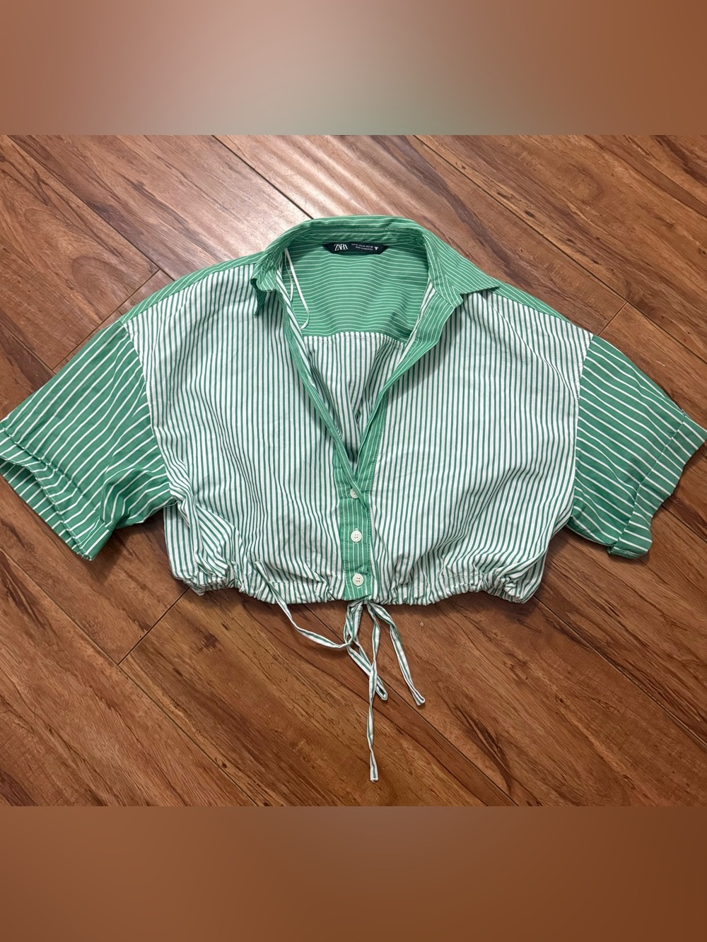 Zara Green Striped Drawstring Cropped Button-Down Shirt